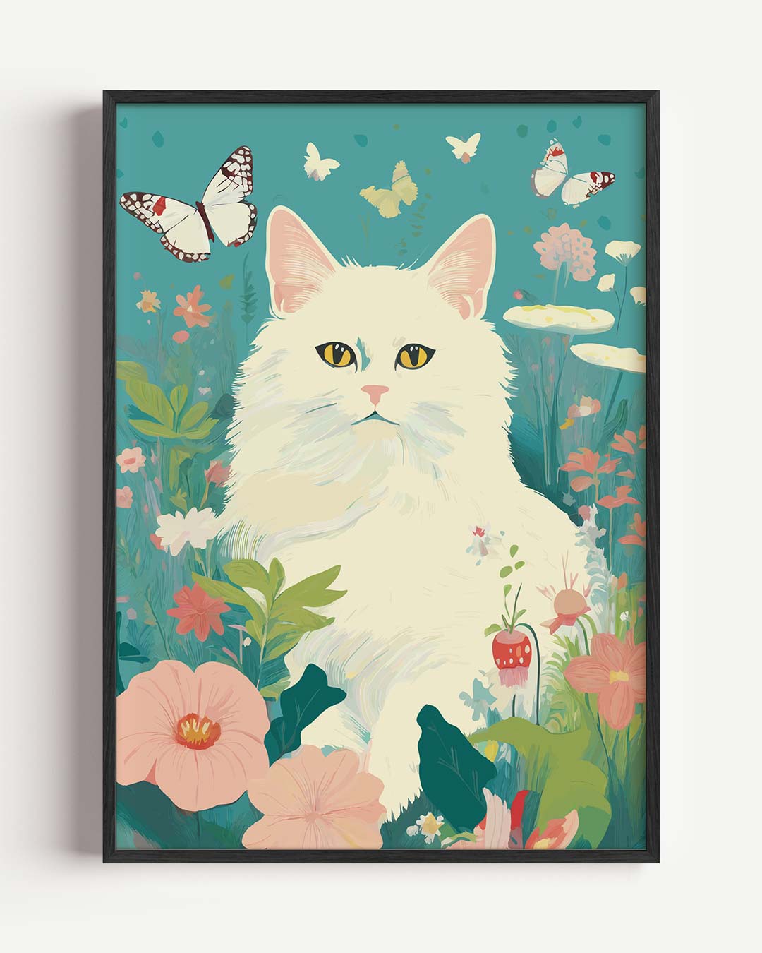 Dromerige Kat in Bloementuin – dieren portret poster als wanddecoratie