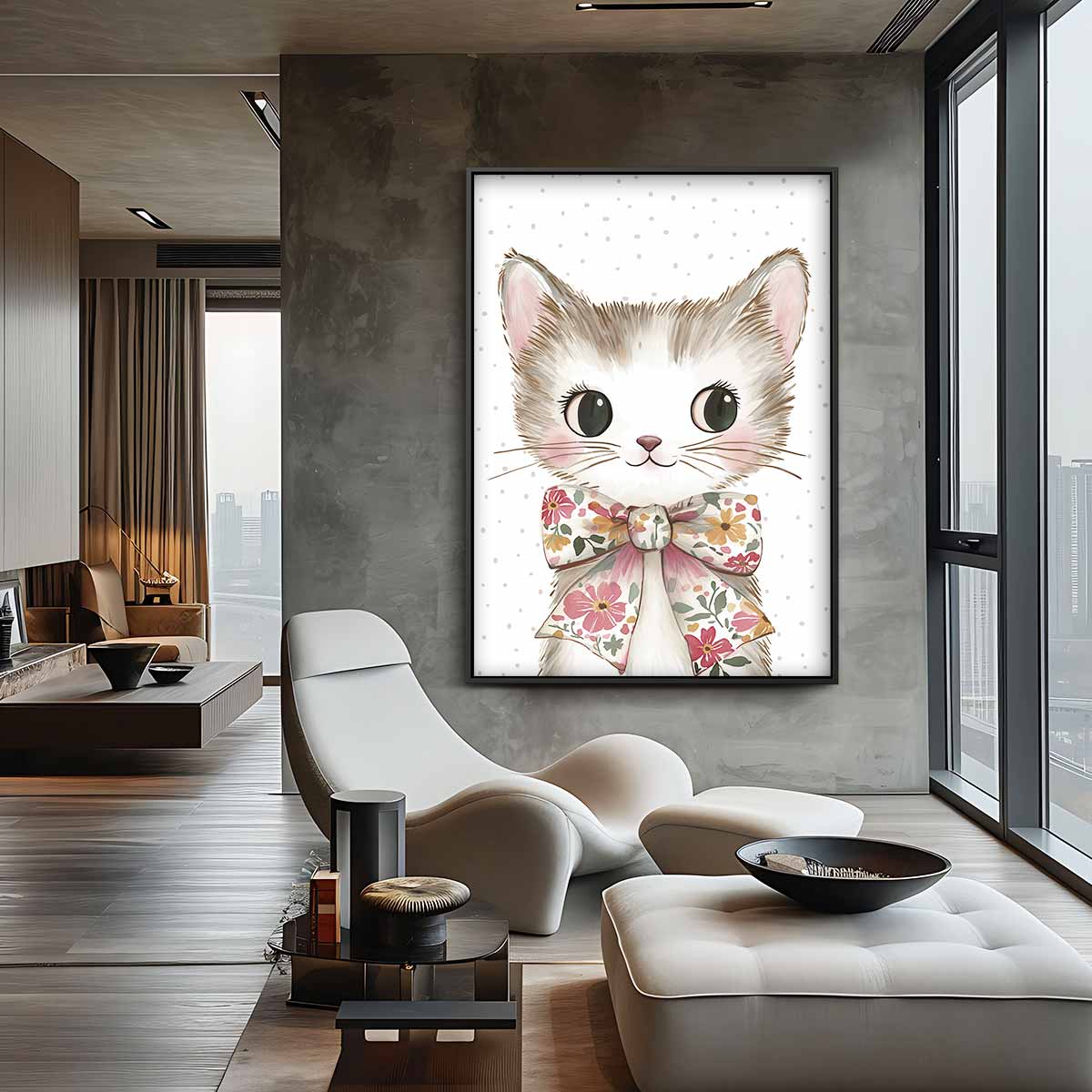 Schattige Kat met Bloemenstrik – canvas wanddecoratie in portret formaat