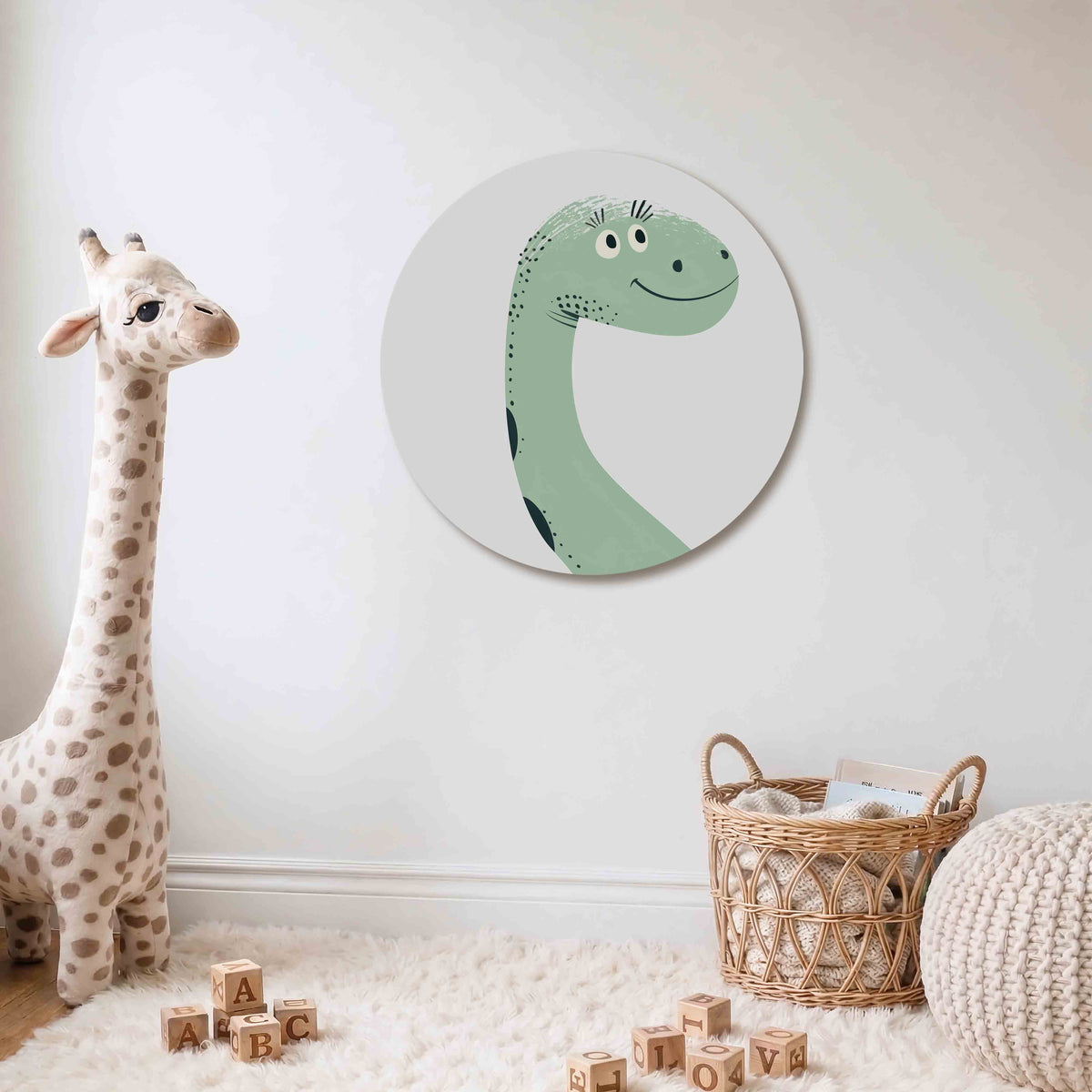Dinosaurus illustratie Muurcirkel – Een groene dinosaurus met een glimlach en zwarte stippen op een witte achtergrond.