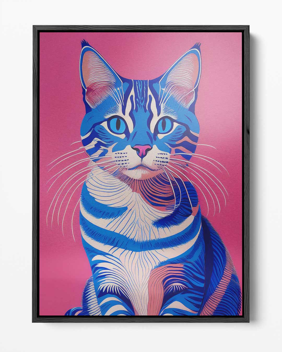 Blauw en Roze Kat Portret – portret kunstwerk als wanddecoratie