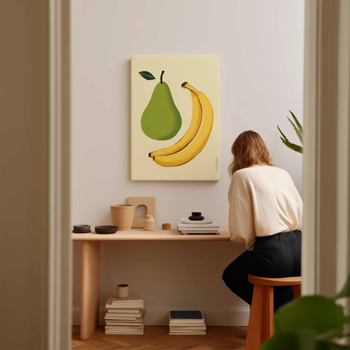Speelse Perens en Bananen Illustratie – plexiglas wanddecoratie in portret formaat
