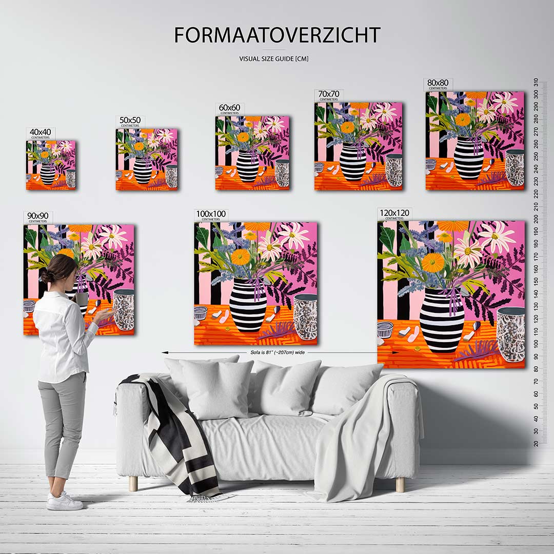 Bloemrijke compositie kunstwerk – dit kunstwerk toont een levendige bloemenvaas met contrasterende kleuren en patronen. De