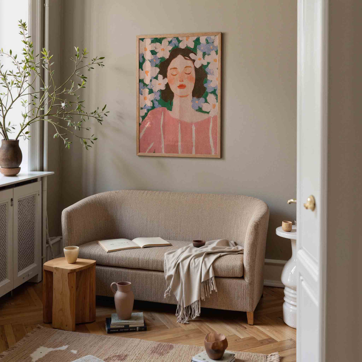 Vrouw met bloemen – pastel poster in staand formaat