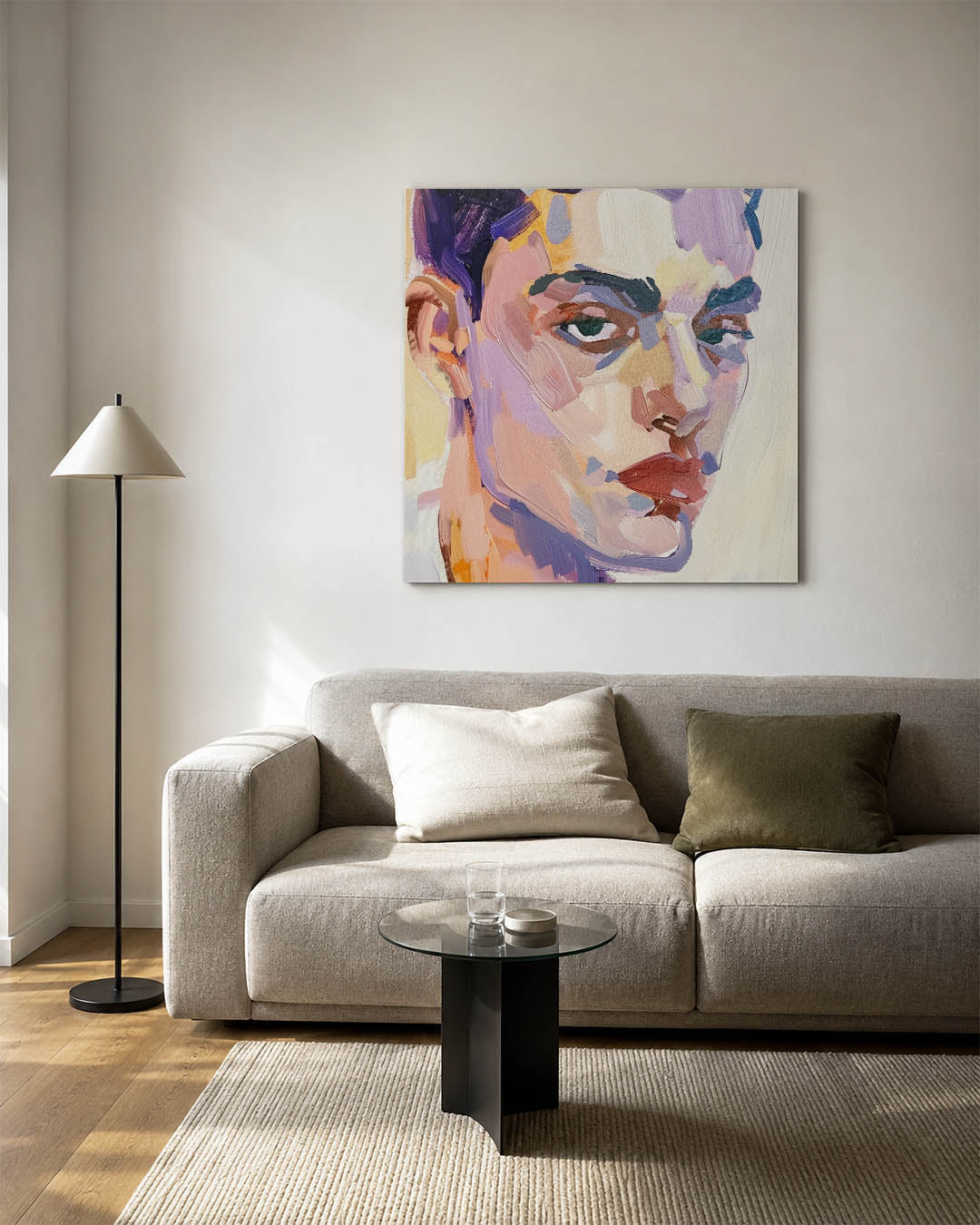 Portretstudie kunstwerk – vierkante wanddecoratie – dit werk toont een portret met gedurfde penseelstreken en een dynamisch