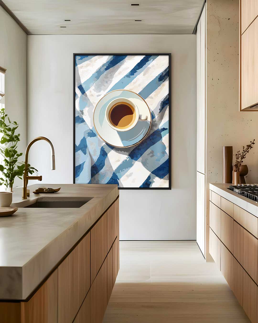 Koffiekopje op Blauw-Wit Doek – staand kunstwerk voor modern interieur