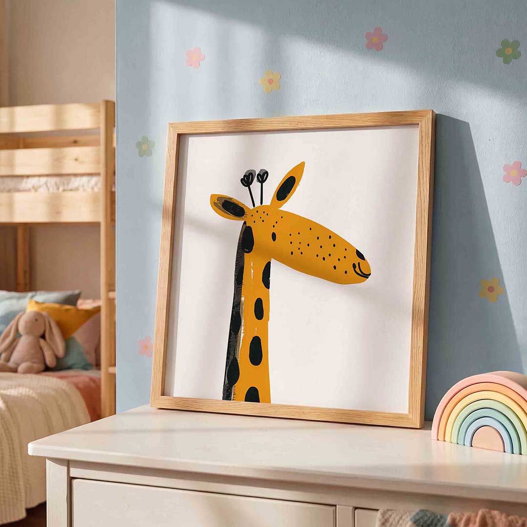 Giraffe illustratie – speelse wandkunst als vierkante kinderposter