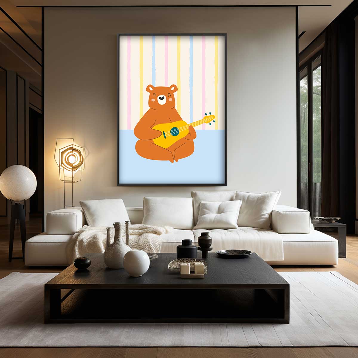 Muzikale Beer Met Gitaar – canvas wanddecoratie in portret formaat