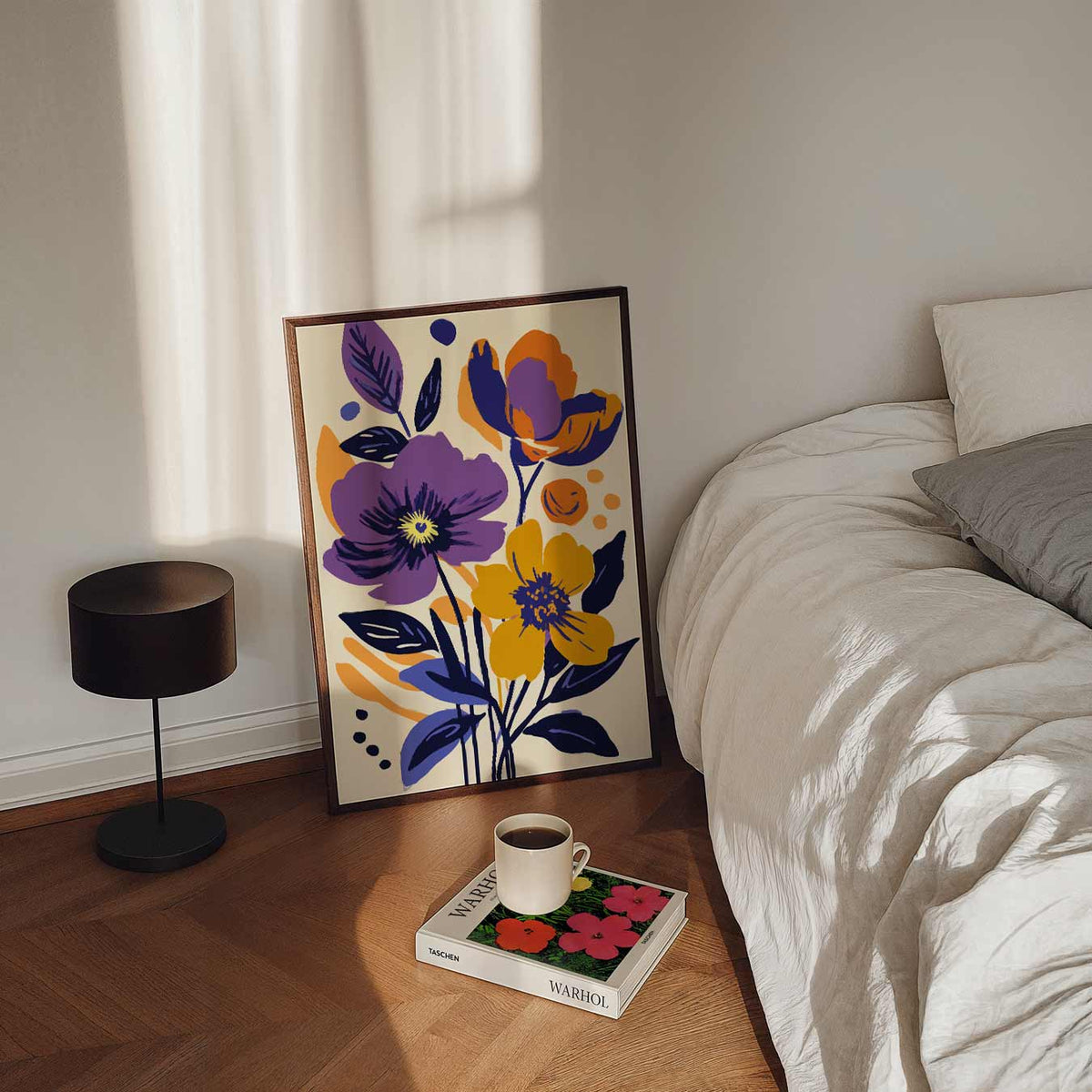 Bloemenpracht in Paars en Oranje – staande bloemen wanddecoratie van WallArtistic