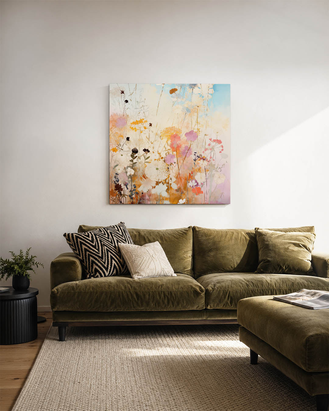 Bloemen in zachte tinten kunstwerk – sfeerbeeld – dit werk toont een delicate compositie van bloemen in zachte kleuren, met