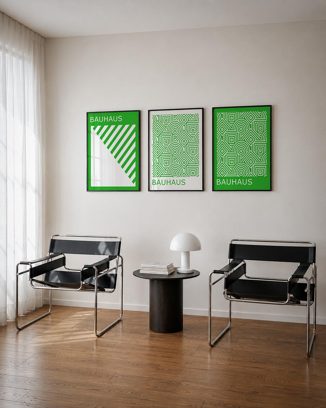 Groene lijnendans posterset – tweede productweergave – deze posterset in drie delen toont een levendige groene achtergrond