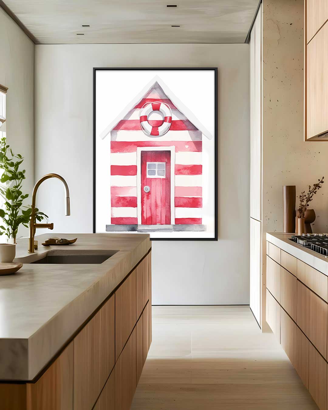 Strandhut Waterverf Print – canvas wanddecoratie in portret formaat