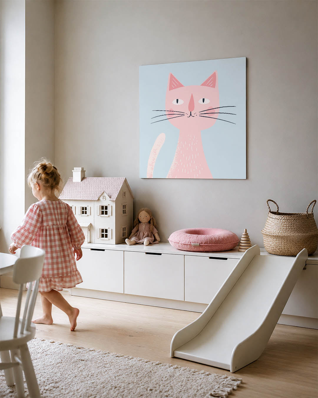 Speelse kat illustratie kunstwerk – tweede productweergave – dit werk toont een speelse kat met eenvoudige lijnen en zachte