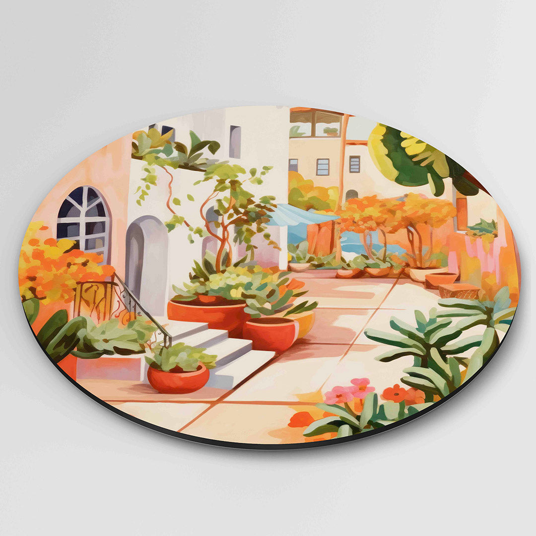 Zonnige patio – ronde wanddecoratie met abstract ontwerp