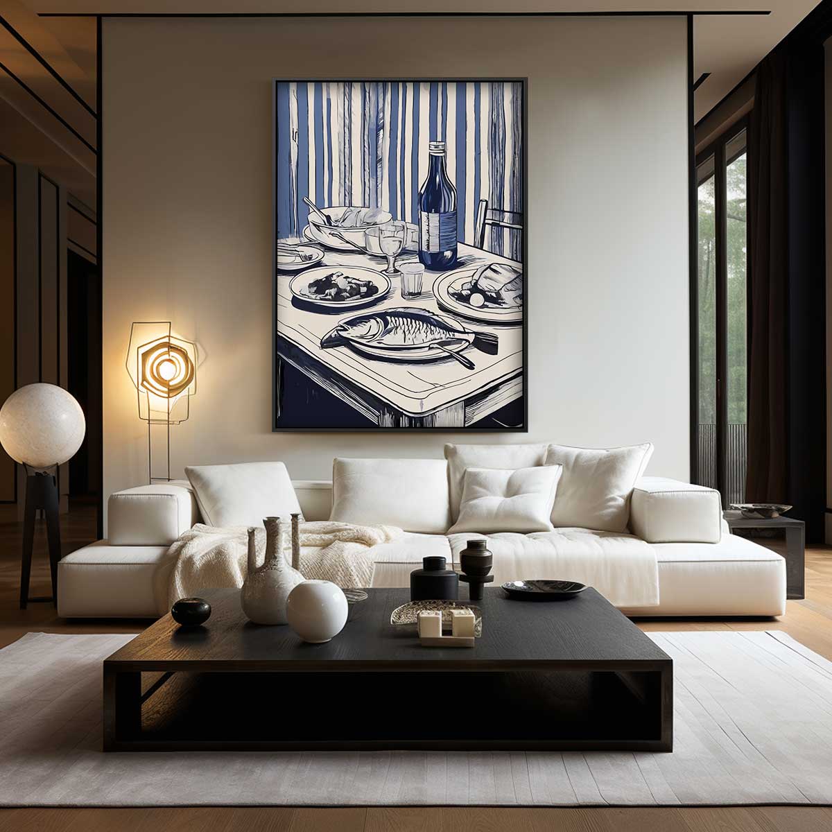 Blauwe Stilleven Tafelettude – kunstwerk met zwarte baklijst