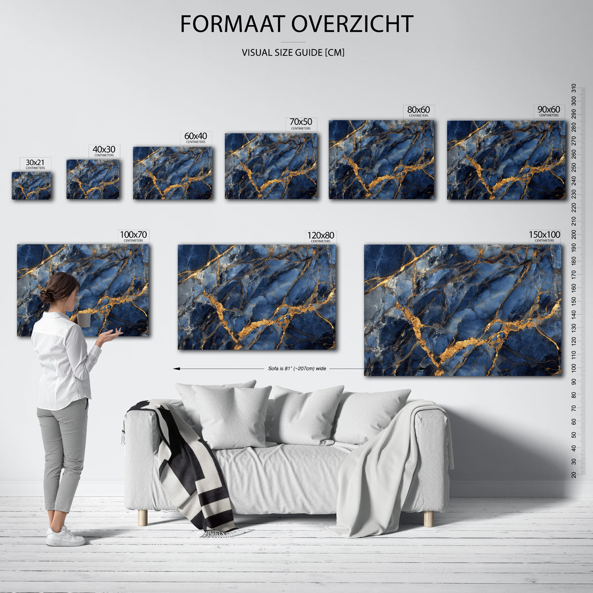 Blauw en goud marmer – liggende muurposter met abstracte vormen