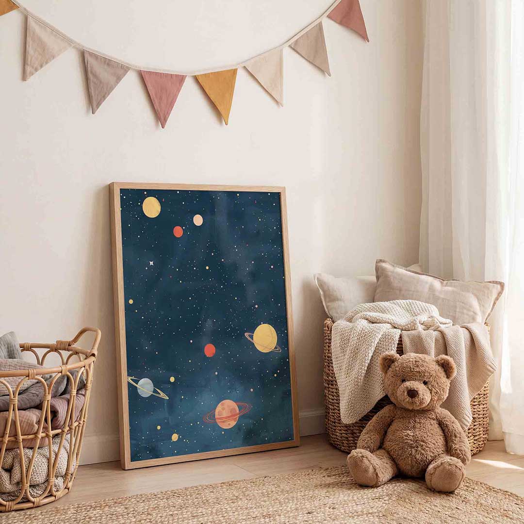 Planeten en sterren – speelse wandkunst als portret kinderposter