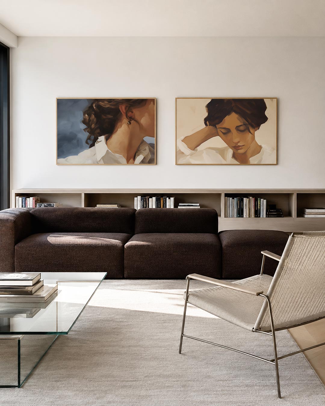 Twee liggende posters met een vloeiende compositie van zachte kleuren en vormen, aan de muur in een interieur