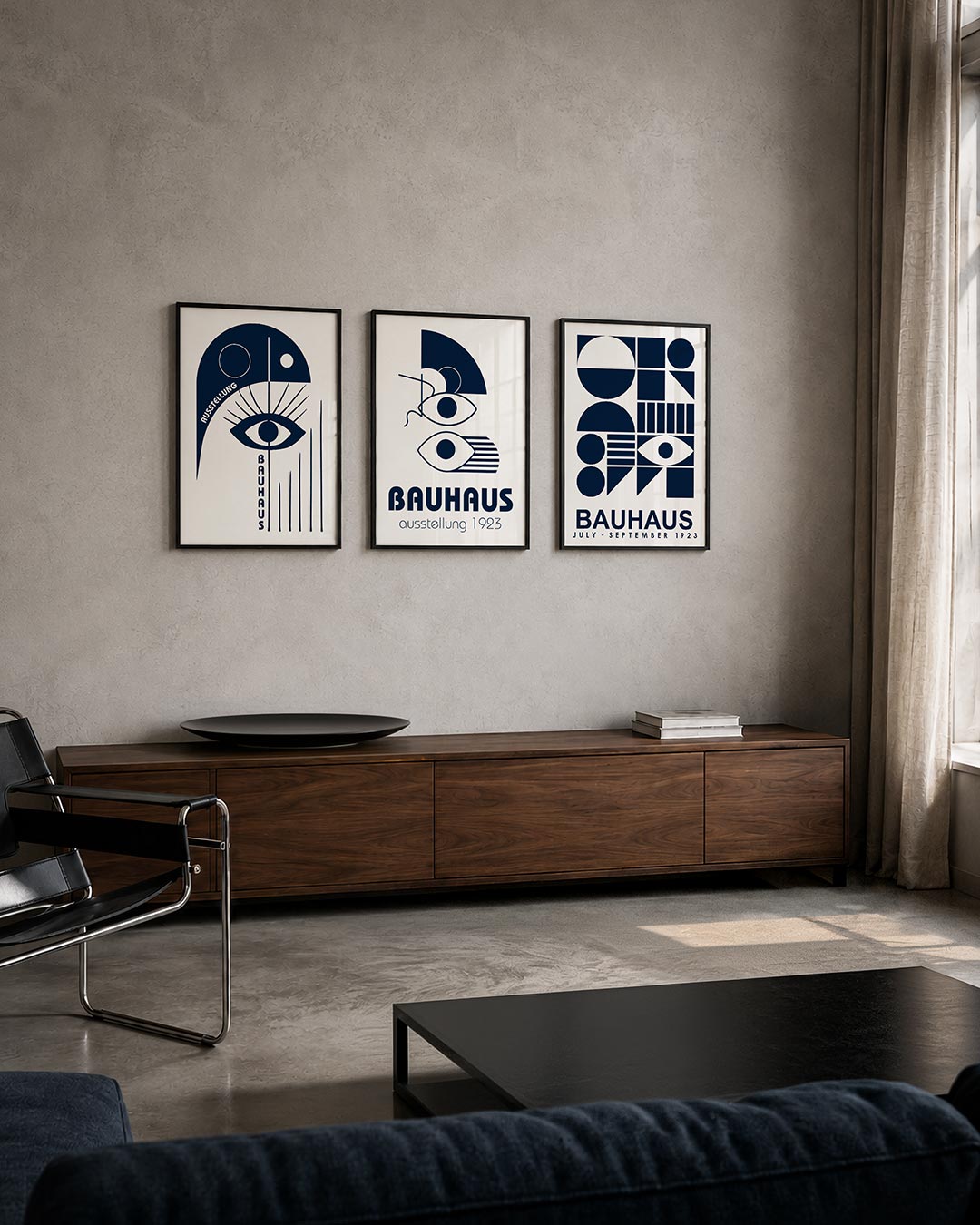 Oog en lijnen posterset – tweede productweergave – een donkerblauw oog centraal, omringd door strakke lijnen en cirkels. De
