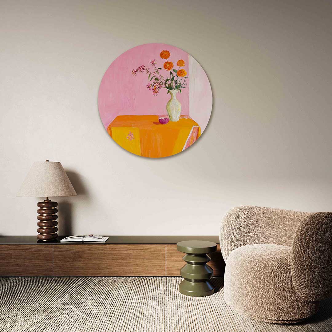 Bloemen in vaas – abstracte muurcirkel als ronde wanddecoratie
