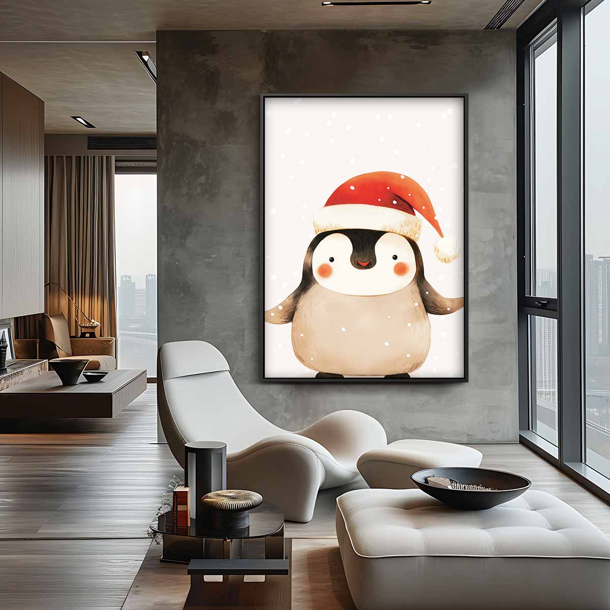 Schattige Kerstpinguïn Illustratie – canvas wanddecoratie in portret formaat