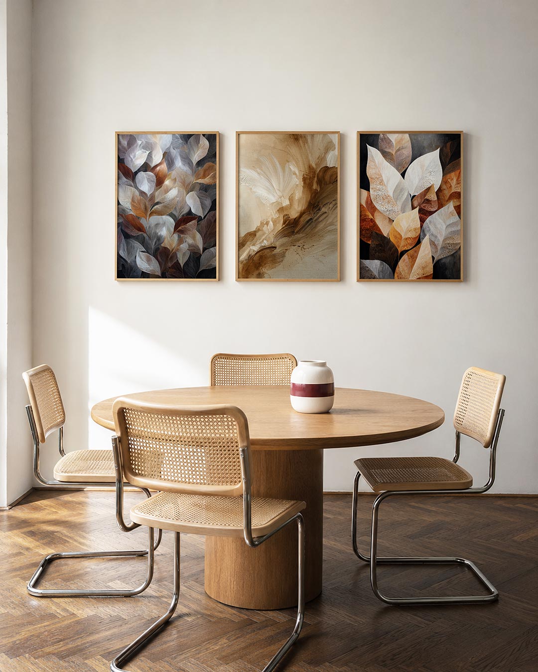 Bladpatroon harmonie driedelige posterset in interieur