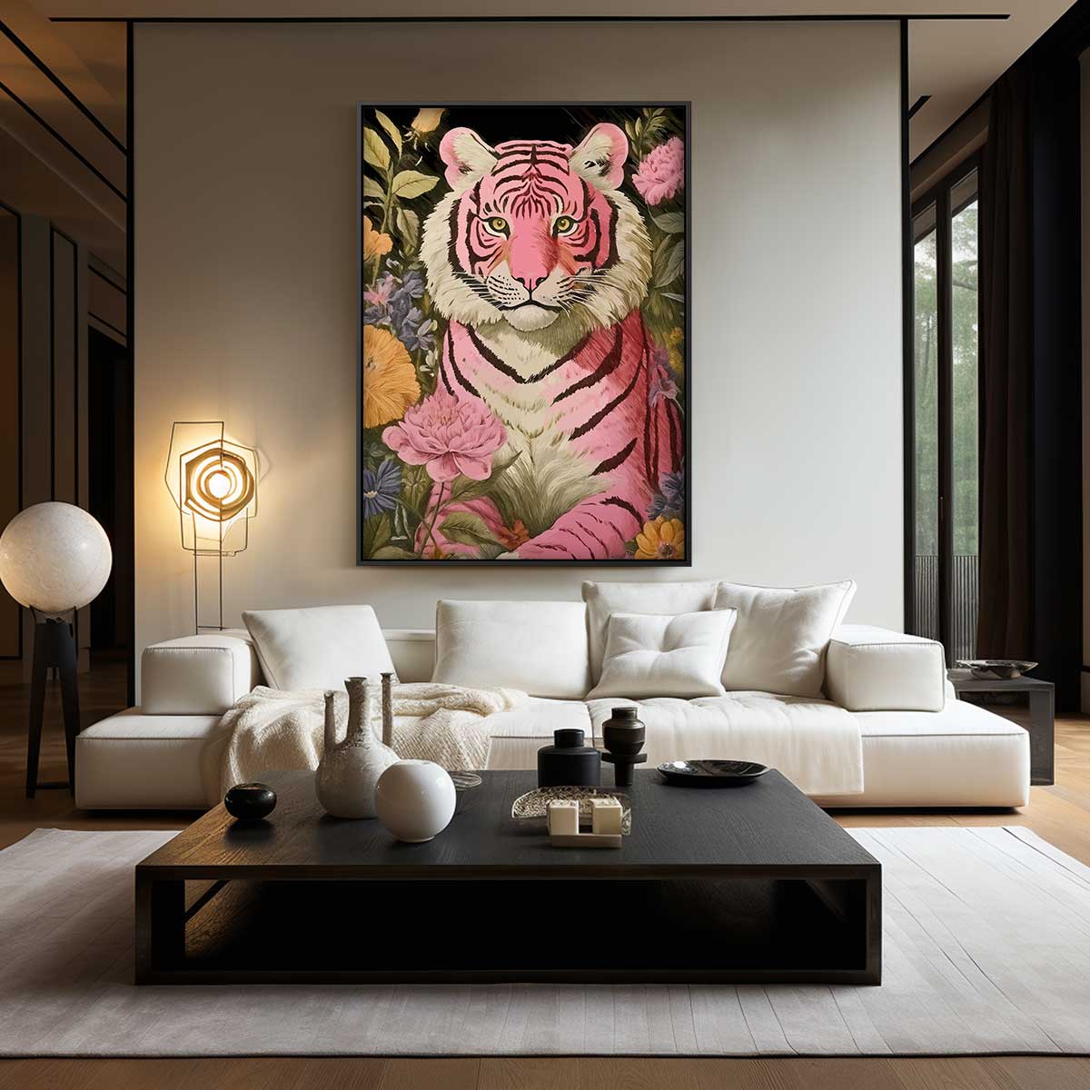 Roze Tijger in Bloemenzee – kunstwerk met zwarte baklijst