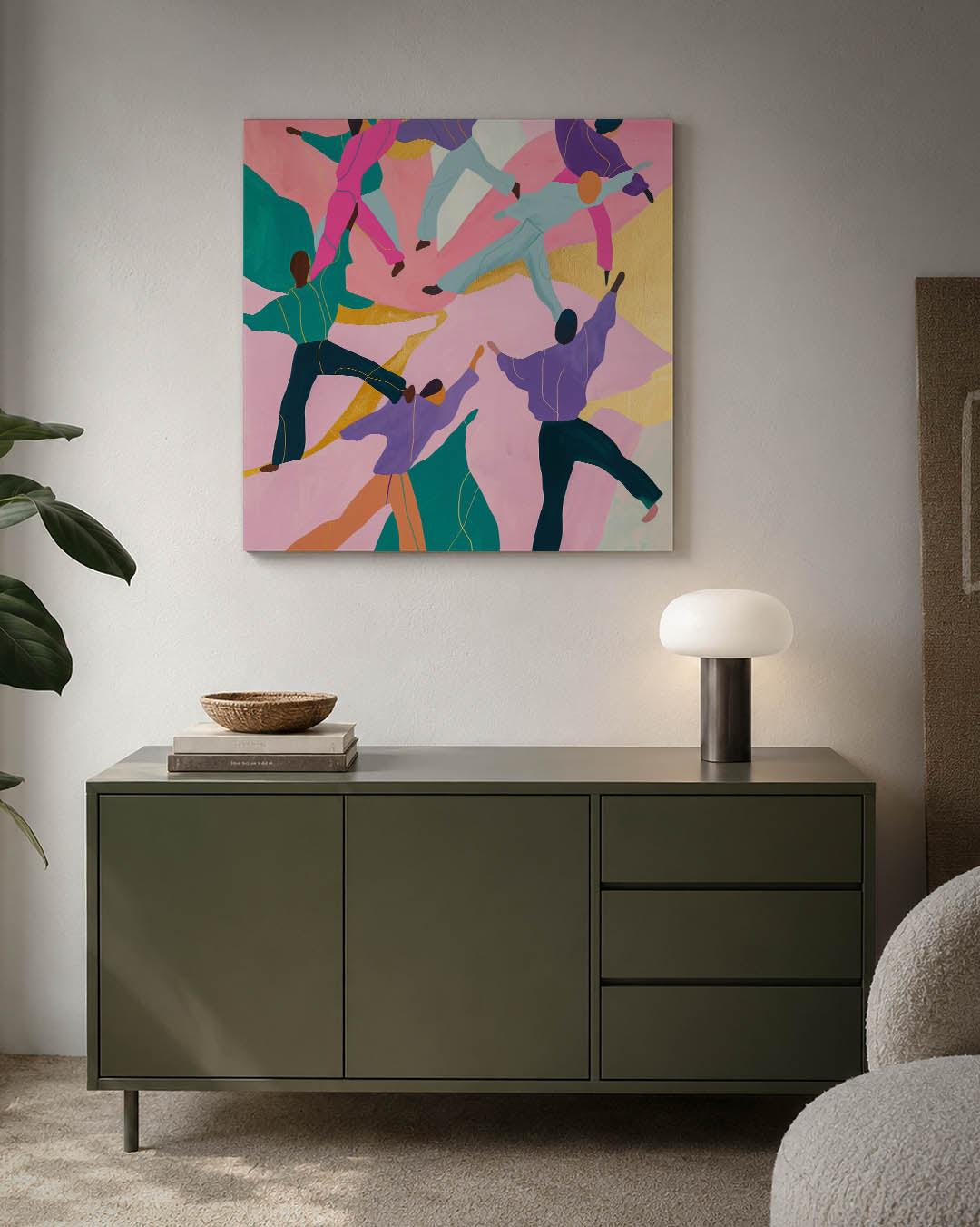 Dansende figuren kunstwerk – detailweergave – dit kunstwerk toont levendige figuren in beweging tegen een kleurrijke