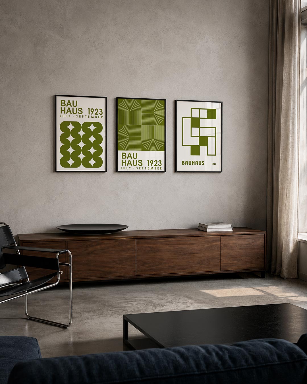 Vorm en ritme posterset – tweede productweergave – deze posterset in drie delen toont een speelse ordening van olijfgroene