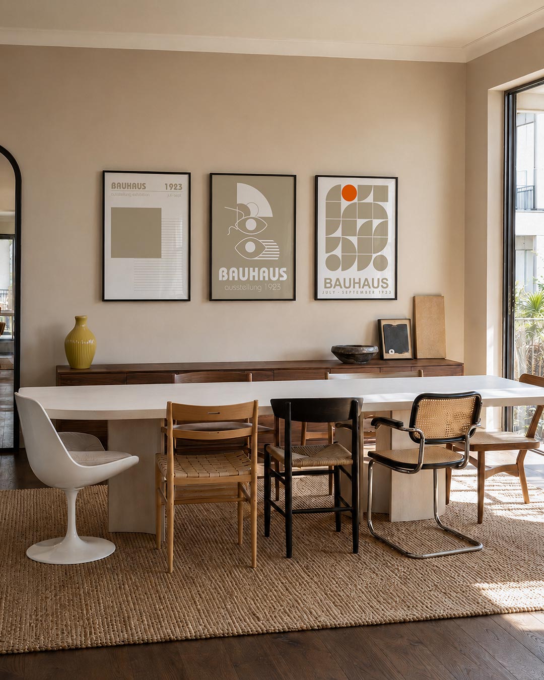 Vorm en lijnen posterset – tweede productweergave – deze posterset in drie delen toont een groot beige vlak naast fijne