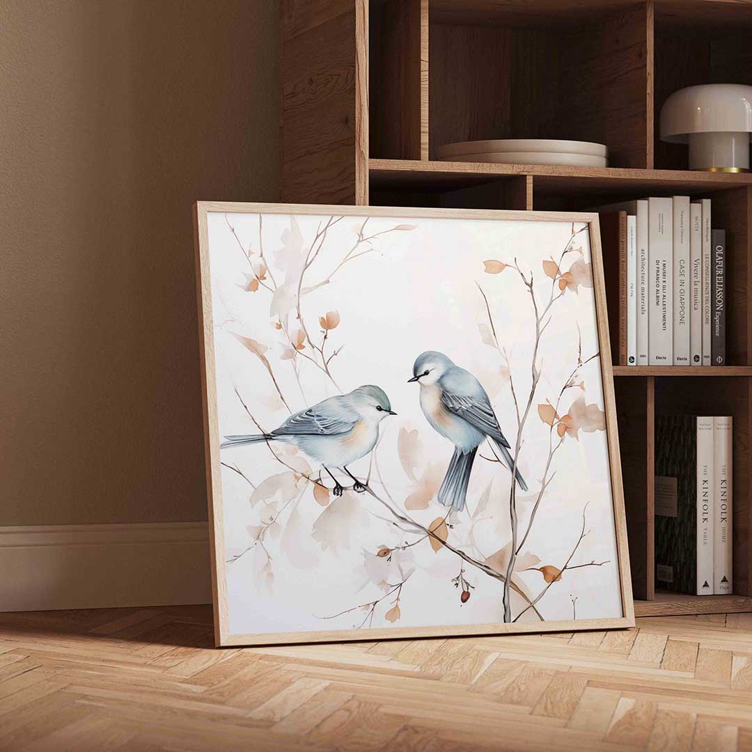 Vogels op tak – moderne wandkunst met kleur en vormen als poster