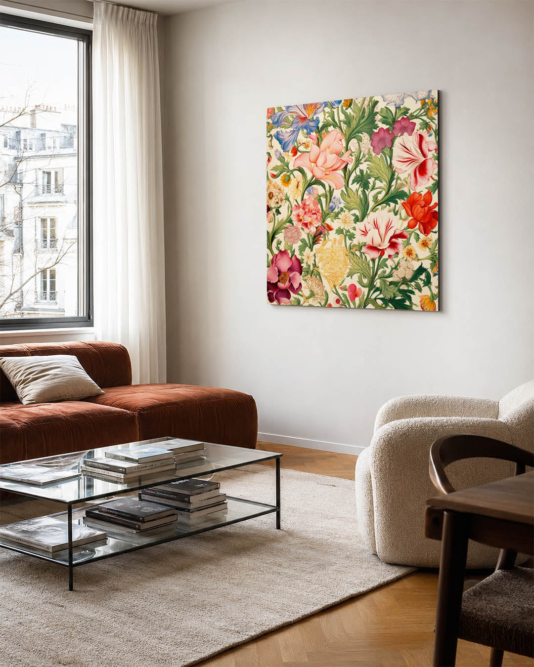 Bloemrijke patronen kunstwerk – vierkante wanddecoratie – dit kunstwerk toont een weelderige verzameling bloemen in levendige