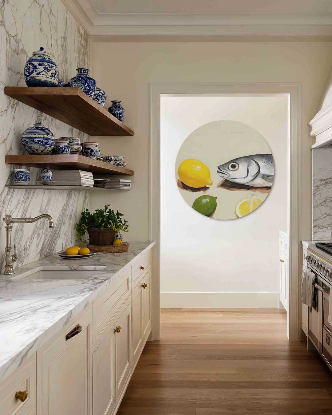 Vis en citrus – moderne abstracte muurcirkel voor aan de muur