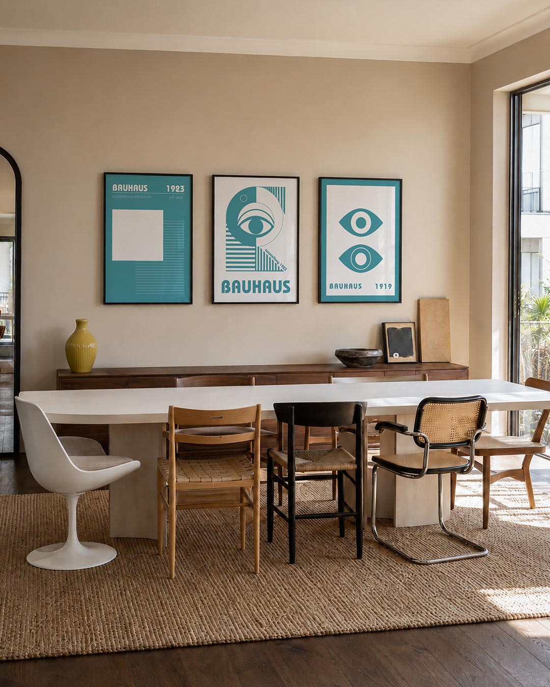 Lijnen en vlakken driedelige posterset – deze posterset in drie delen toont een strak lijnenspel met een groot wit vlak en