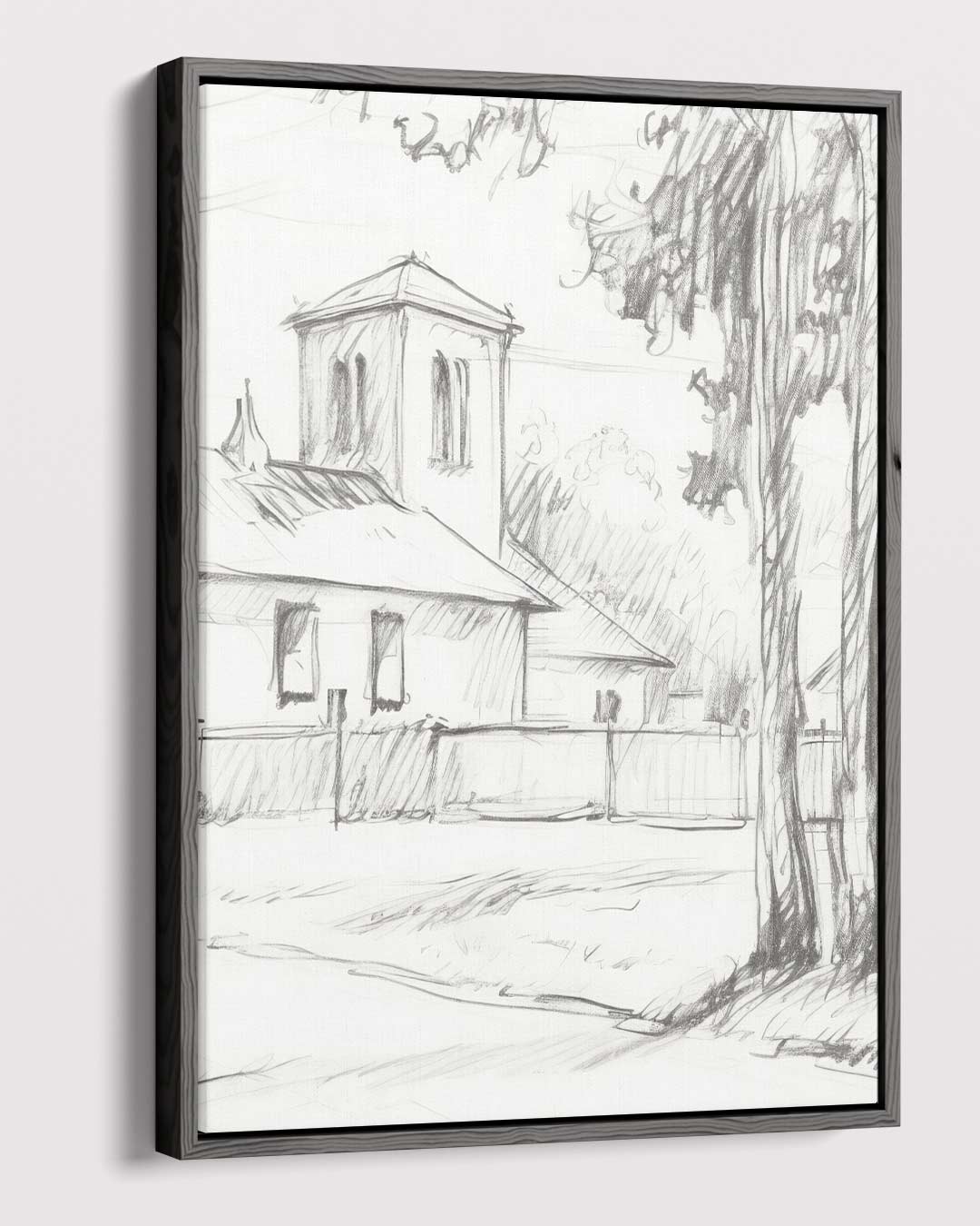 Dorpskerk en Bomen – canvas wanddecoratie in portret formaat