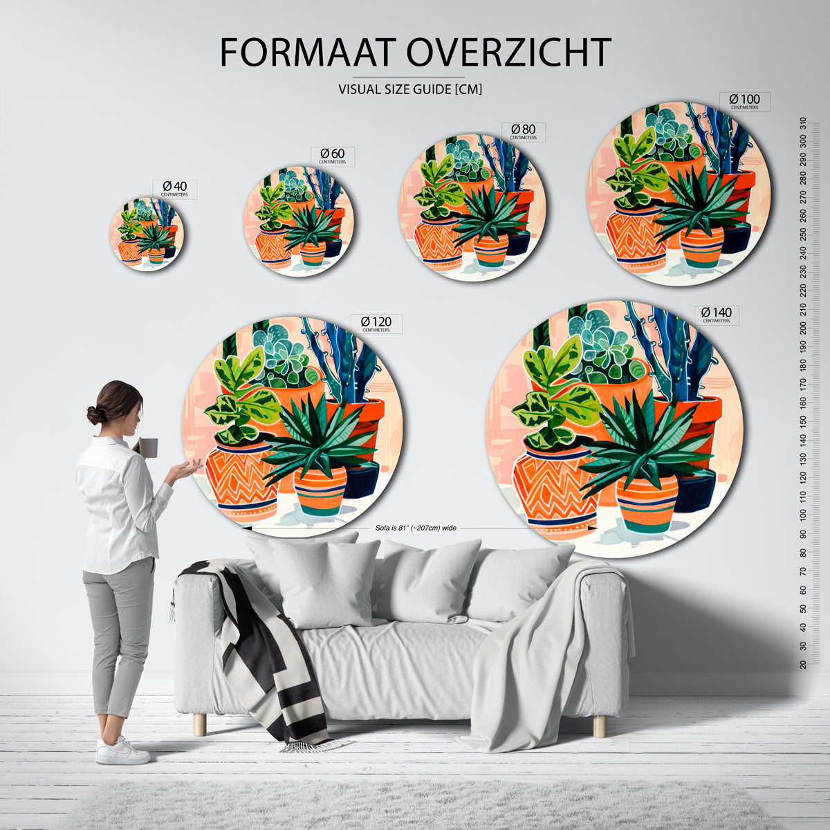 Planten in potten – geïllustreerde wandkunst als moderne muurcirkel