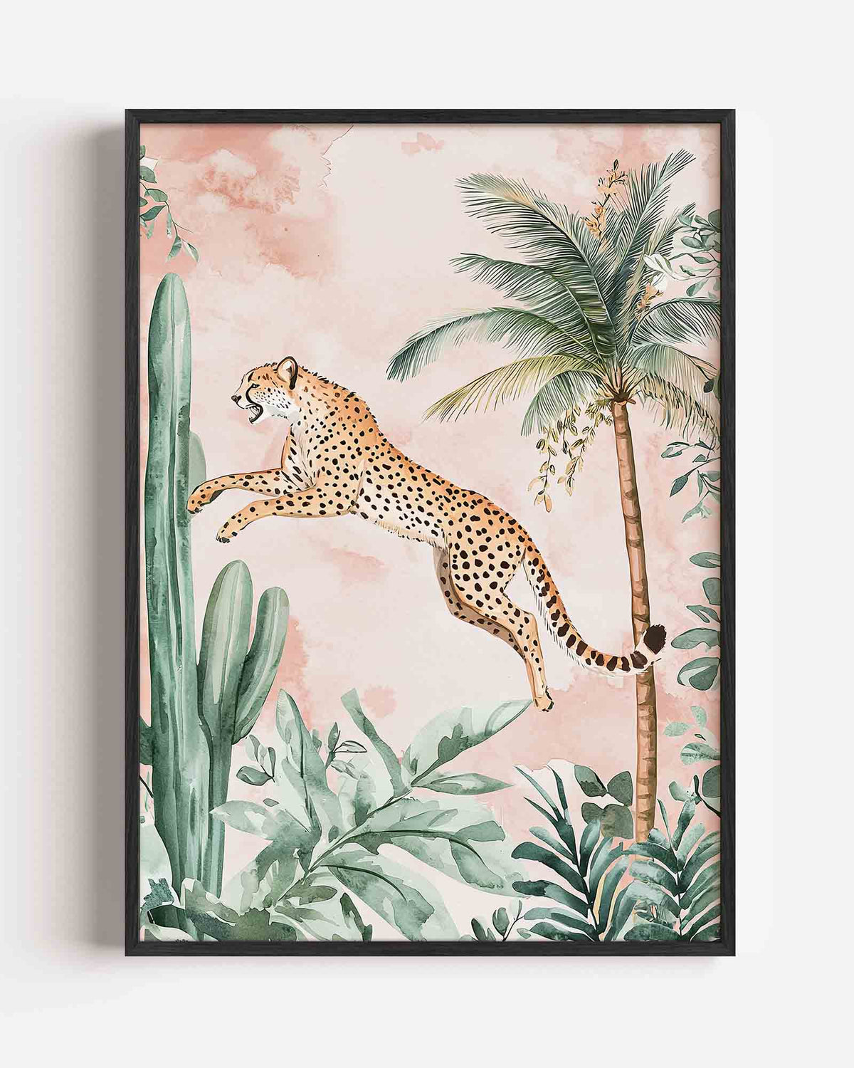 Springende luipaard – dieren portret poster als wanddecoratie