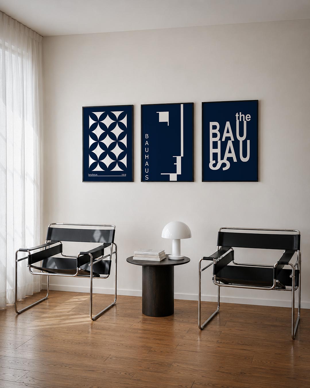Cirkelpatroon harmonie driedelige posterset – deze posterset toont een ritmisch spel van overlappende cirkels in donkerblauw