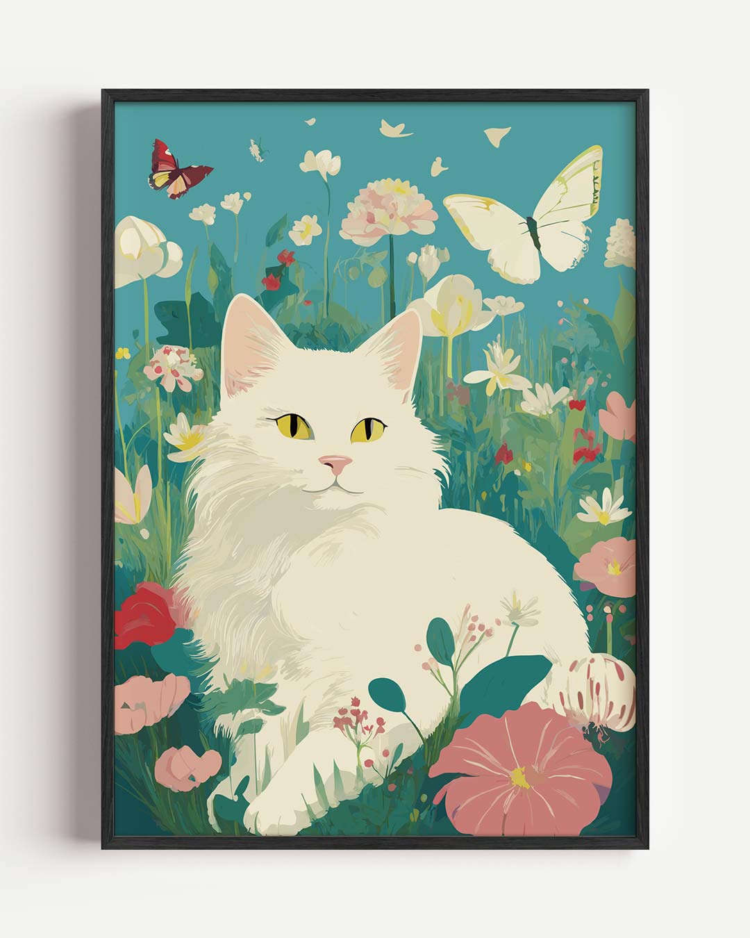 Vrolijke Kat in Bloementuin – mindful portret poster als wanddecoratie
