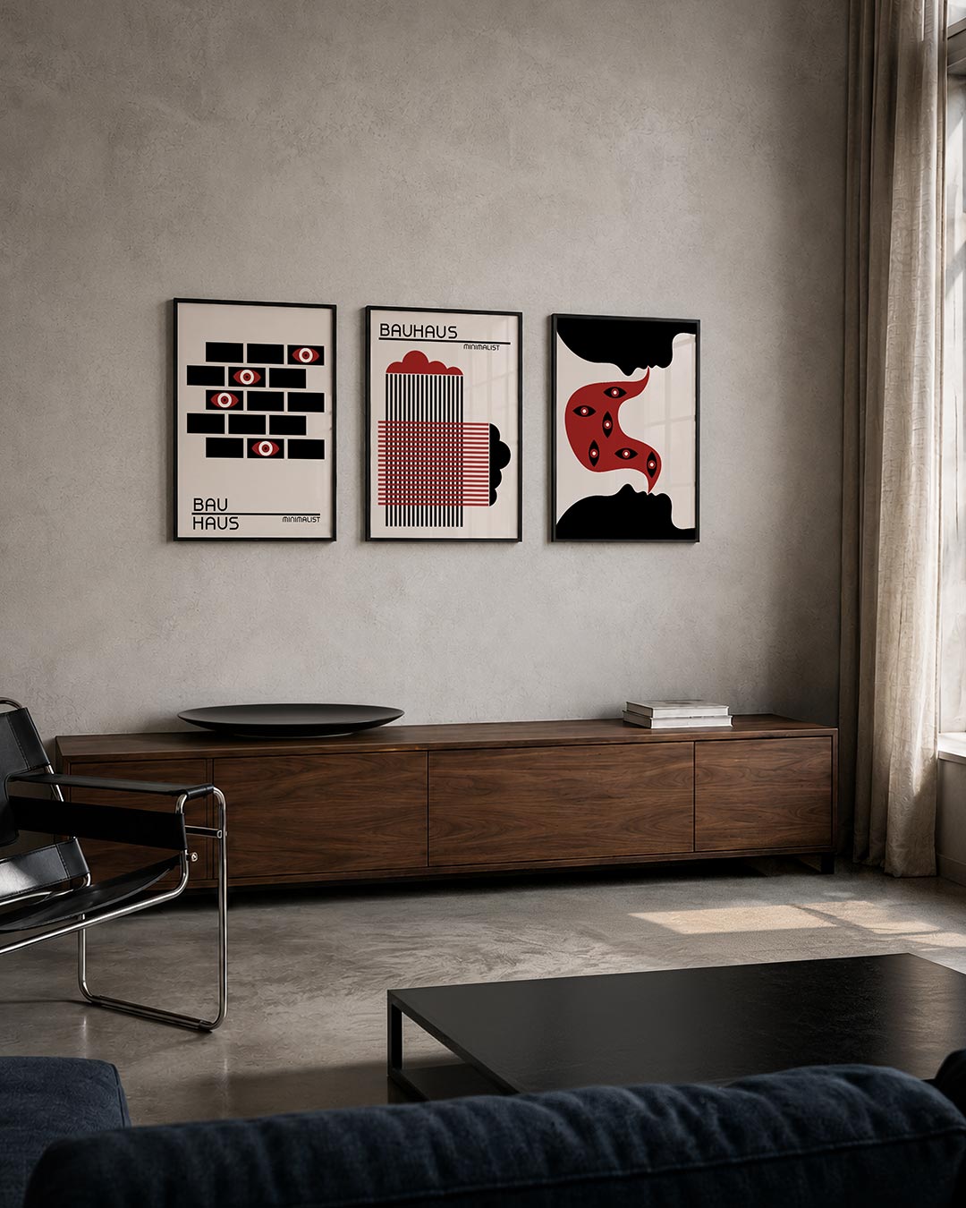 Oogpatroon en vlakken posterset – tweede productweergave – zwarte rechthoeken vormen een patroon met rode ogen die erdoorheen