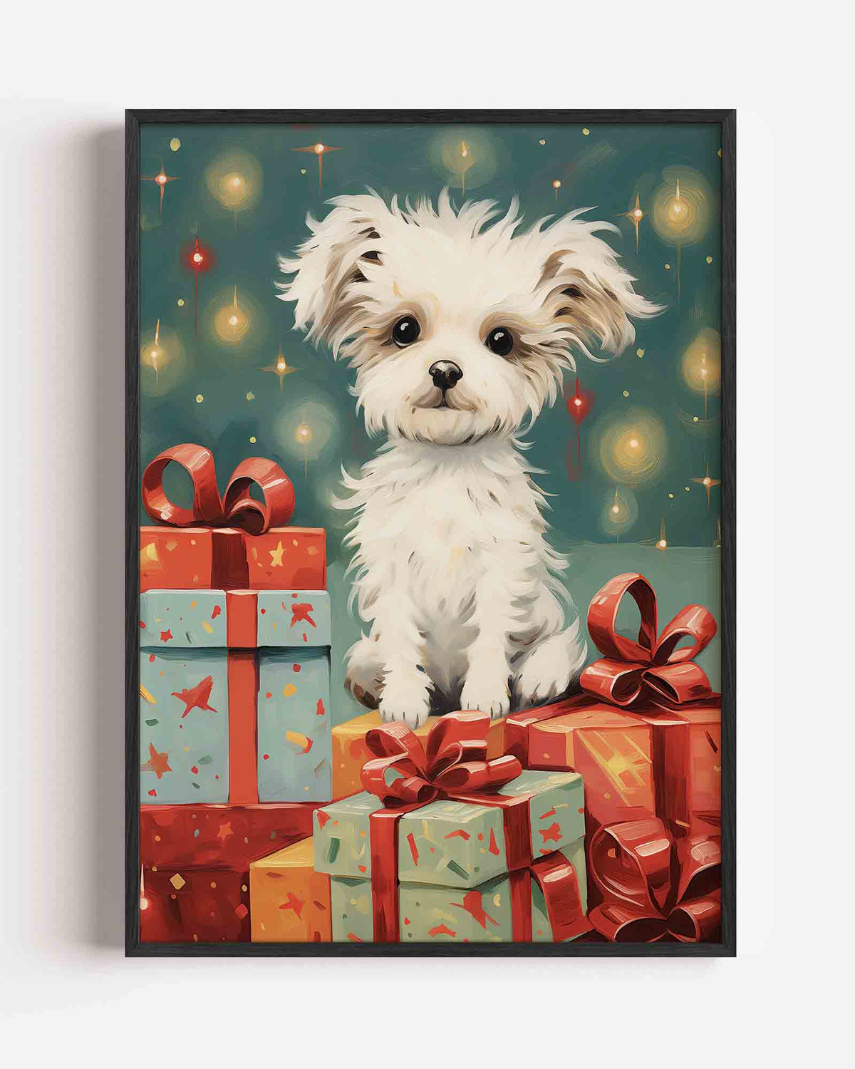 Hondje met cadeaus – kerst portret poster als wanddecoratie