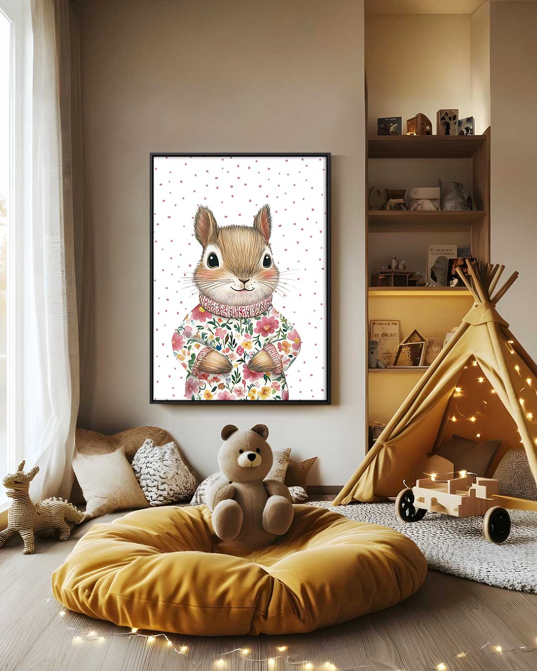Schattige Eekhoorn in Bloemen Trui – staand kunstwerk voor modern interieur
