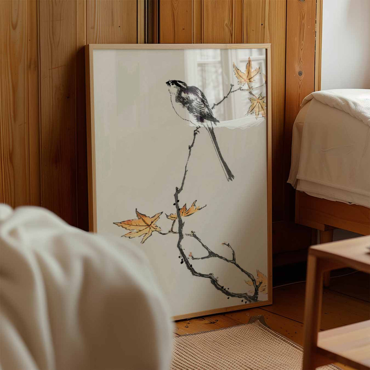 Rustieke Vogel op Herfsttak – staande muurposter voor de kinderkamer
