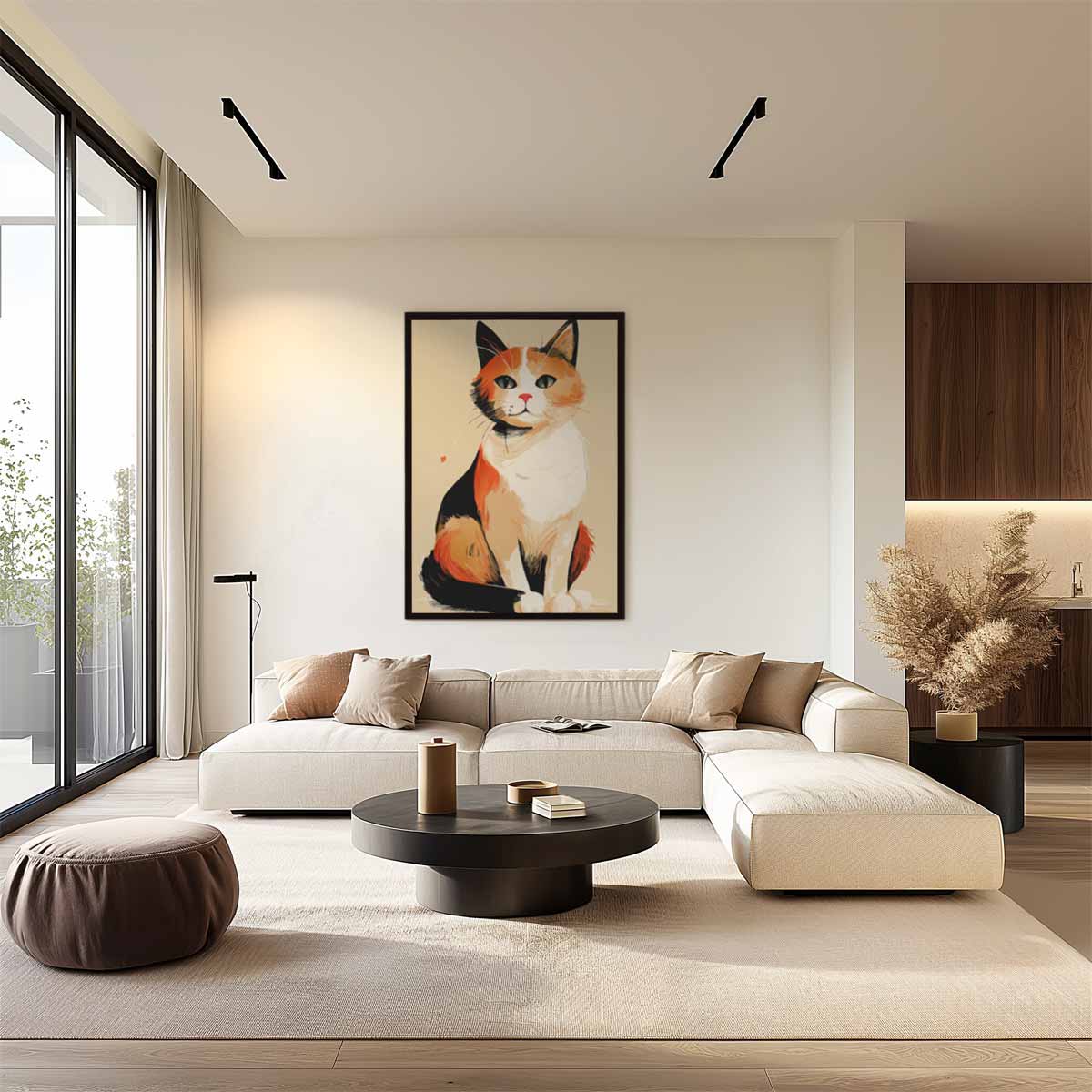 Vrolijke Kat op Canvas – kunstwerk met zwarte baklijst
