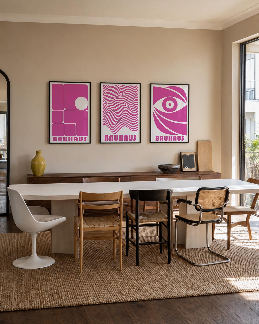 Vorm en kleur posterset – tweede productweergave – deze posterset in drie delen toont een speelse ordening van roze