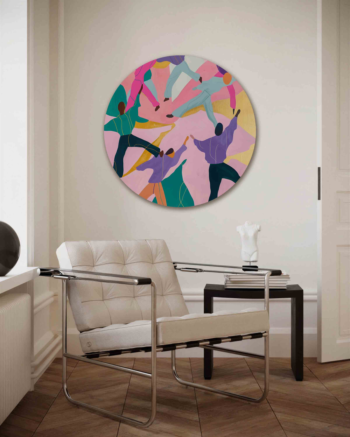 Dansende figuren – kleurrijke muurcirkel als ronde wanddecoratie