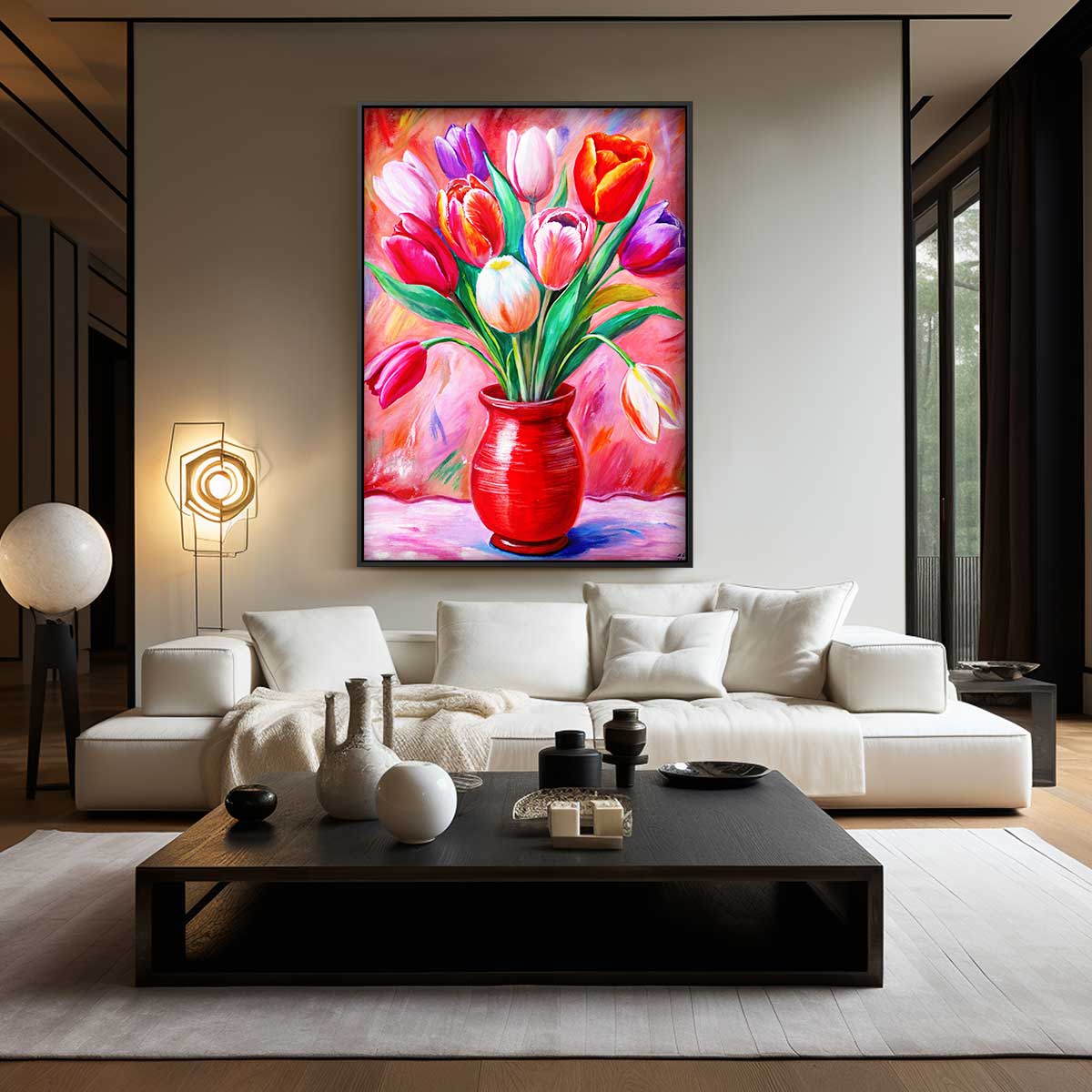Kleurrijke Tulpen in Rode Vaas – dibond wanddecoratie in staand formaat