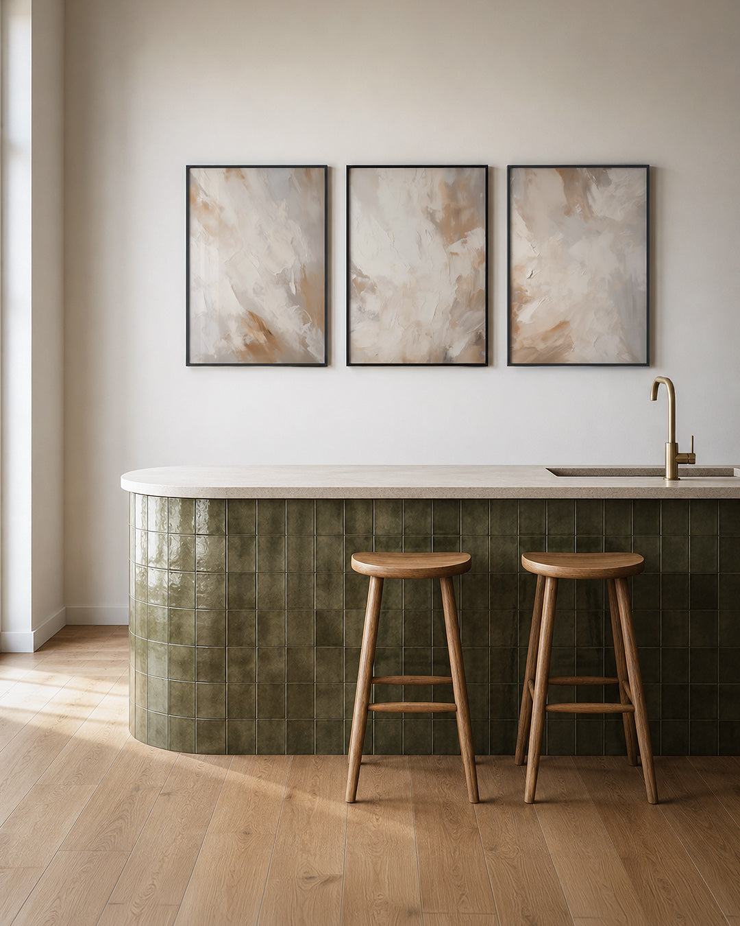 Zachte kleurvlakken – deze posterset in drie delen toont vloeiende, zachte overgangen van beige en – weergave 2