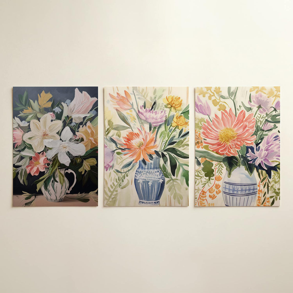 Bloemrijke kleurenpracht posterset – detailweergave – een weelderig boeket in zachte tinten van roze, geel en