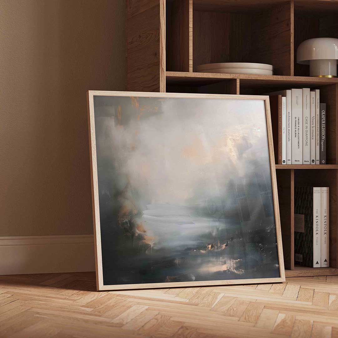 Abstracte mistige landschappen – moderne wandkunst met kleur en vormen als poster