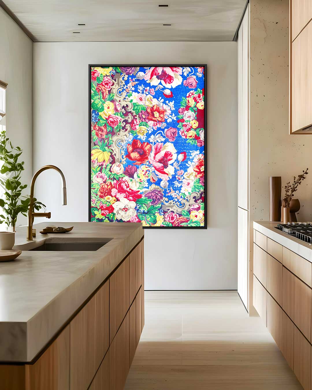 Bloemenpracht op Blauw – staande wandkunst voor woonkamer of interieur